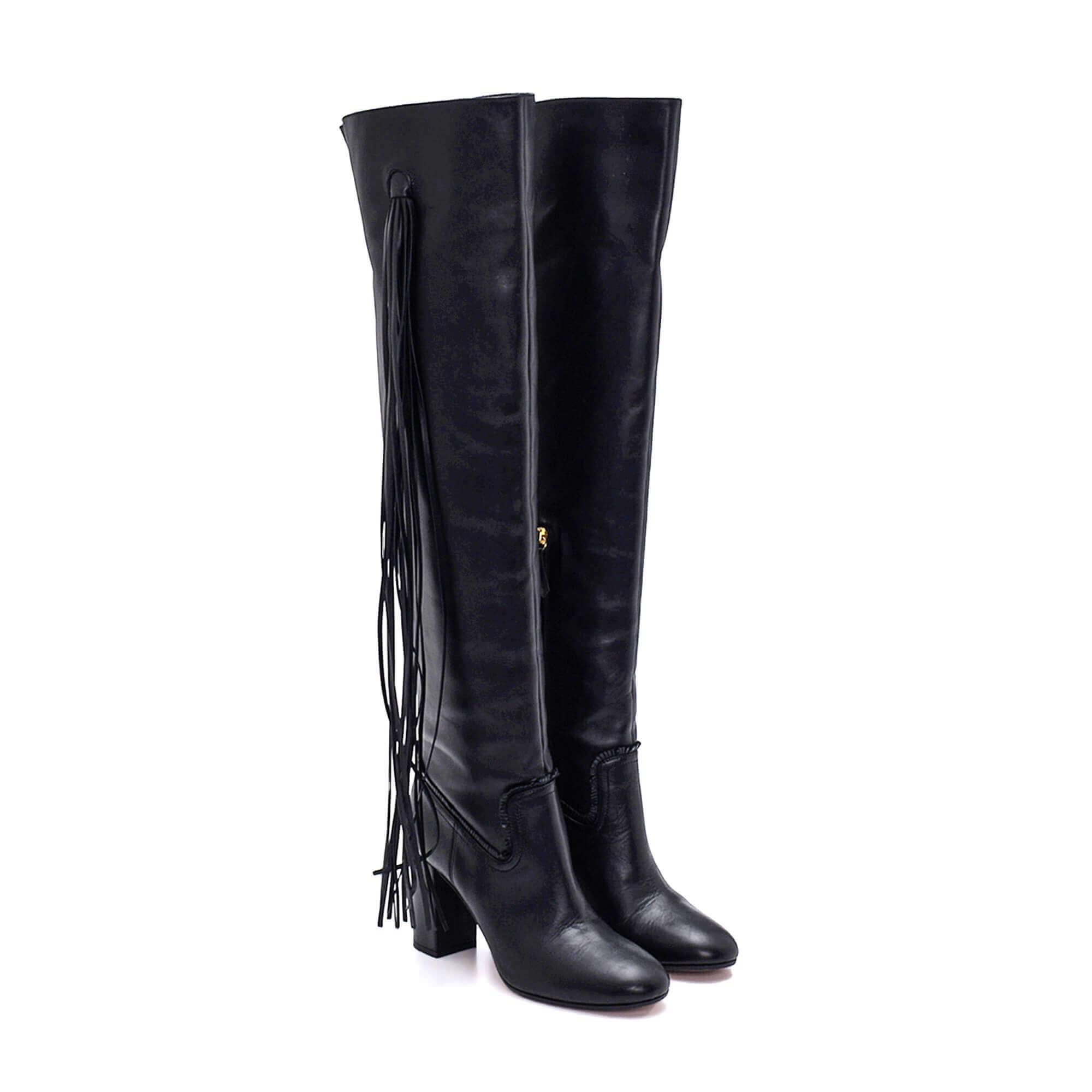 Aquazzura - Black Leather Fringed Over The Knee Whip It Boots/39